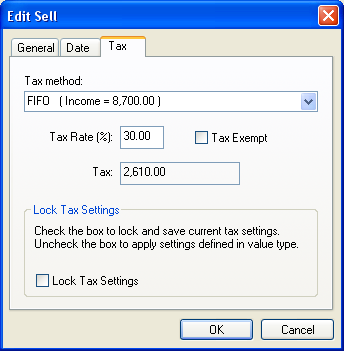 Tax settings for a sell transaction