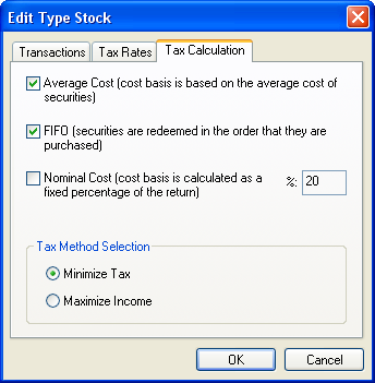 The dialog for tax calculation settings in a value type