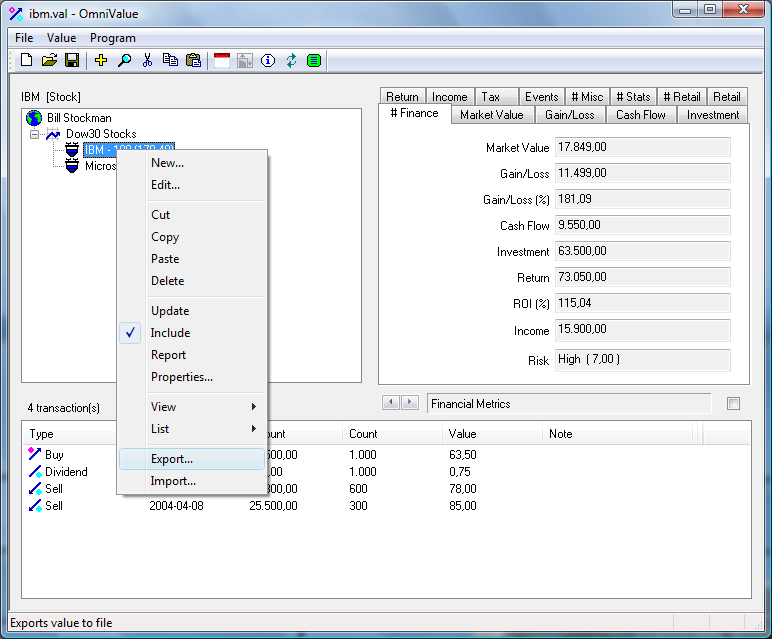 Select menu Export to export transactions.