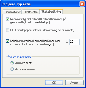 Dialogen fr instllningar av skatteberkning i en vrdetyp
